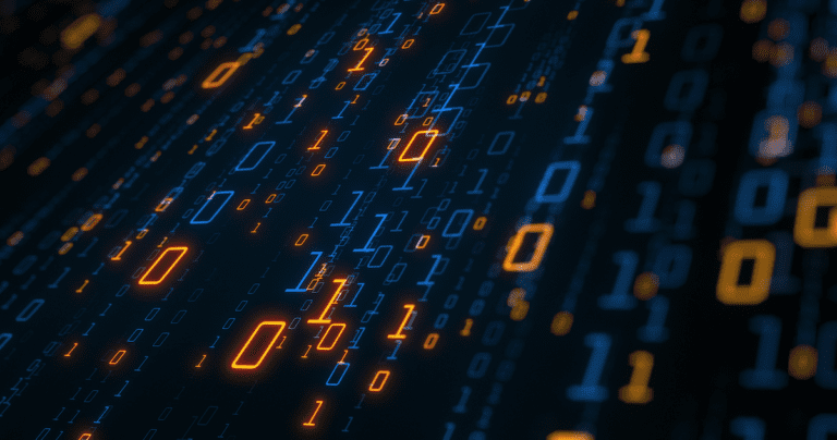 Abstract data process flow of 1s and 0s