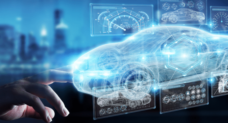 Translucent screen with digital image of car. Hand touching design, with city scape in the background.