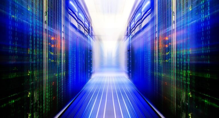 fantastic symmetric data center room with a binary code penetrating supercomputers