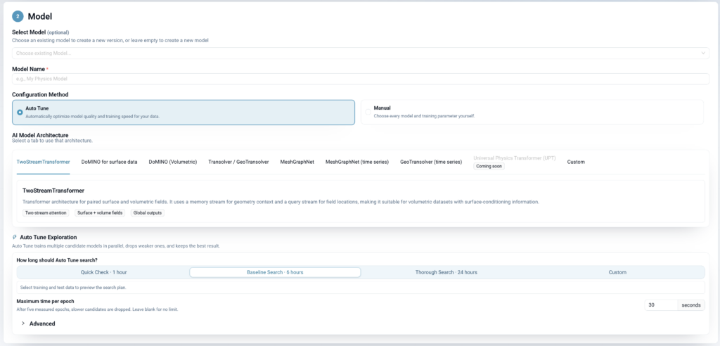 Model training configuration panel in AI Physics Training