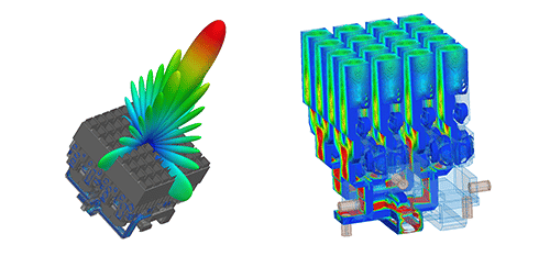Optisys ANSYS simulation images showing Sum antenna pattern (left) and electric fields (right) on two antenna designs